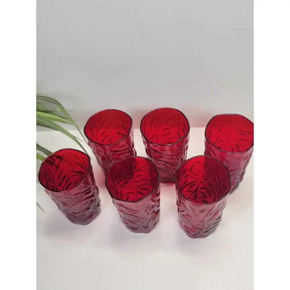 Vintage Seneca Driftwood Red Crinkle Glass Juice Tumblers Set of 6 MCM Ruby